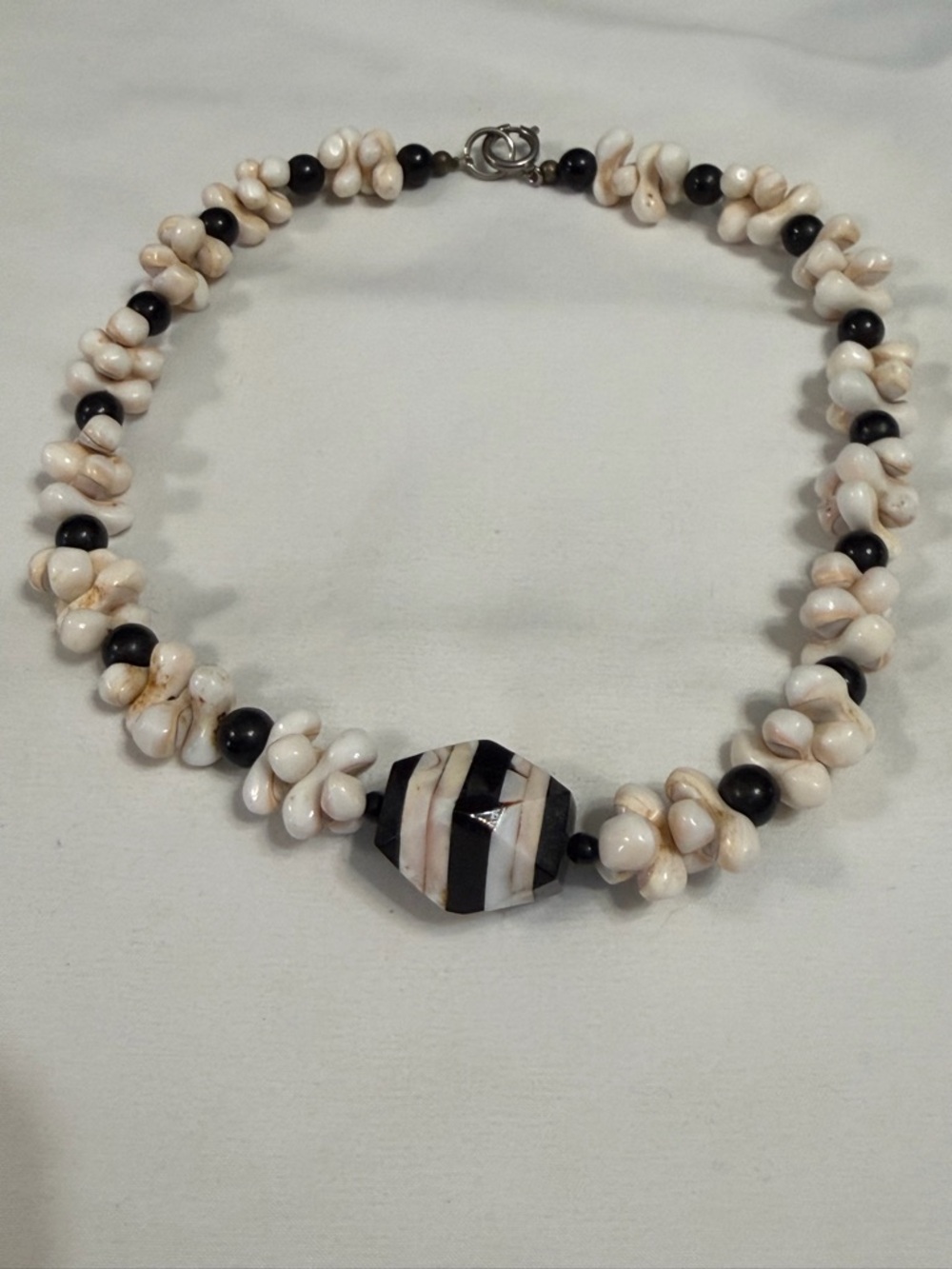 Vintage handcraft Black and Cream Shell Bead Necklace